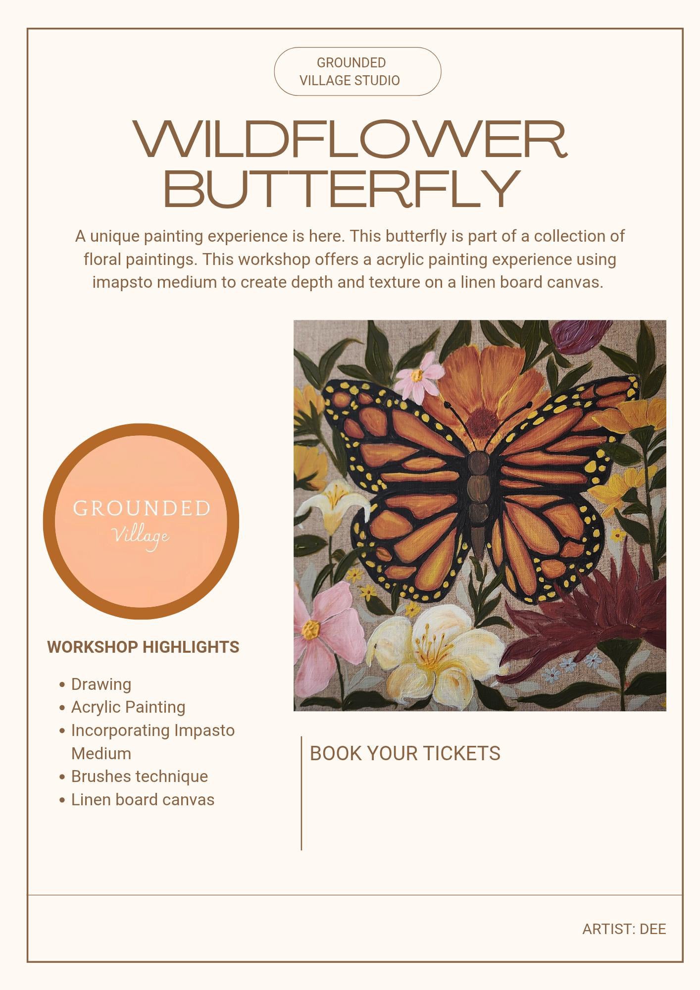 Wildflower Butterfly & Linen canvas construction - Paint and Sip- Sat 25th Oct