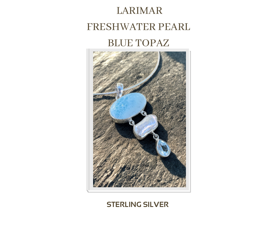 The Amulet- Freshwater pearl , Larimar, blue topaz Collar